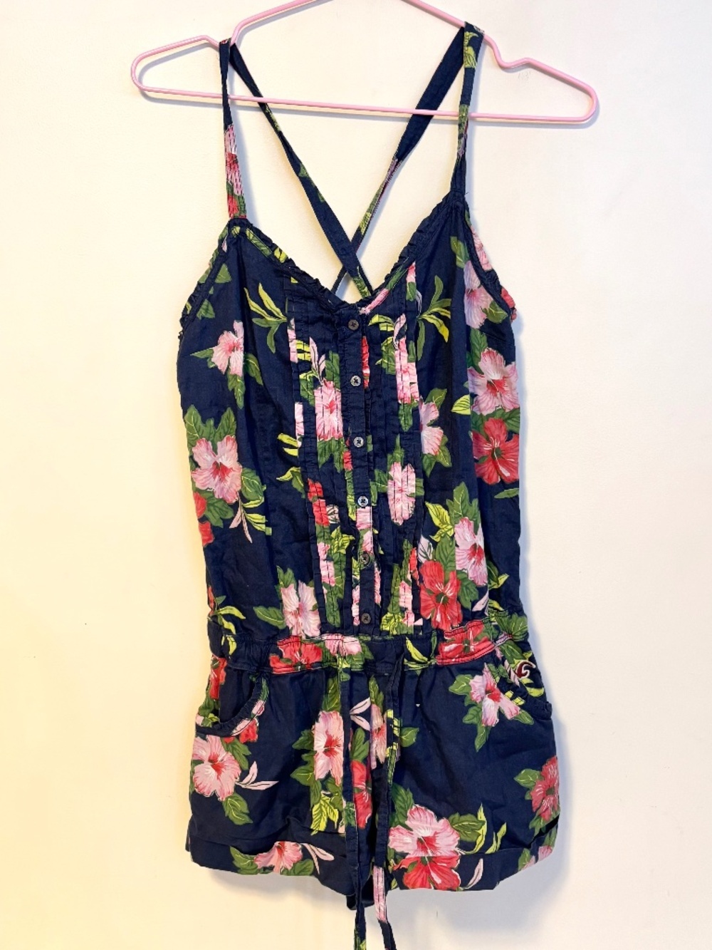 Hollister Hawaiian Gathered Waist Cross Back Mini Romper Blue Floral Womens S